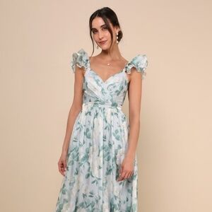 Lulus Soiree Perfection Light Blue Floral Ruffled Tiered Maxi Dress - Size L